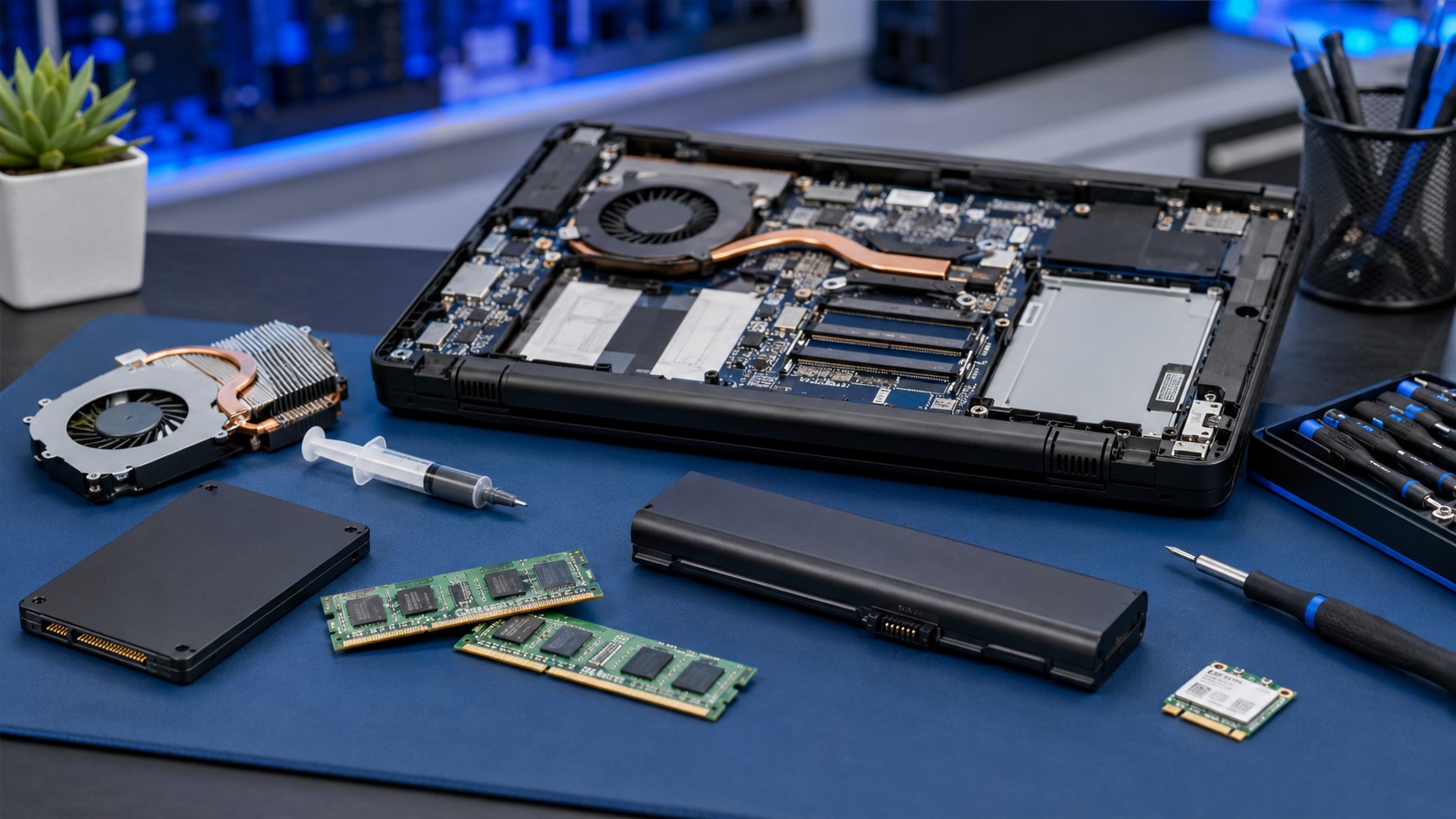 Older computer being upgraded with an SSD, RAM, battery, cooling service, and wireless hardware
