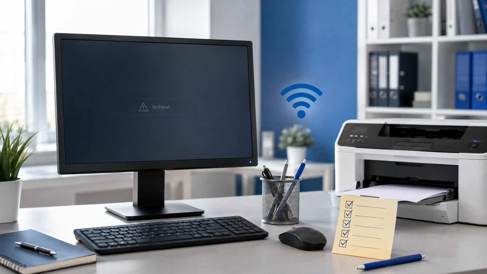 Computer workstation representing simple troubleshooting steps to try before calling IT