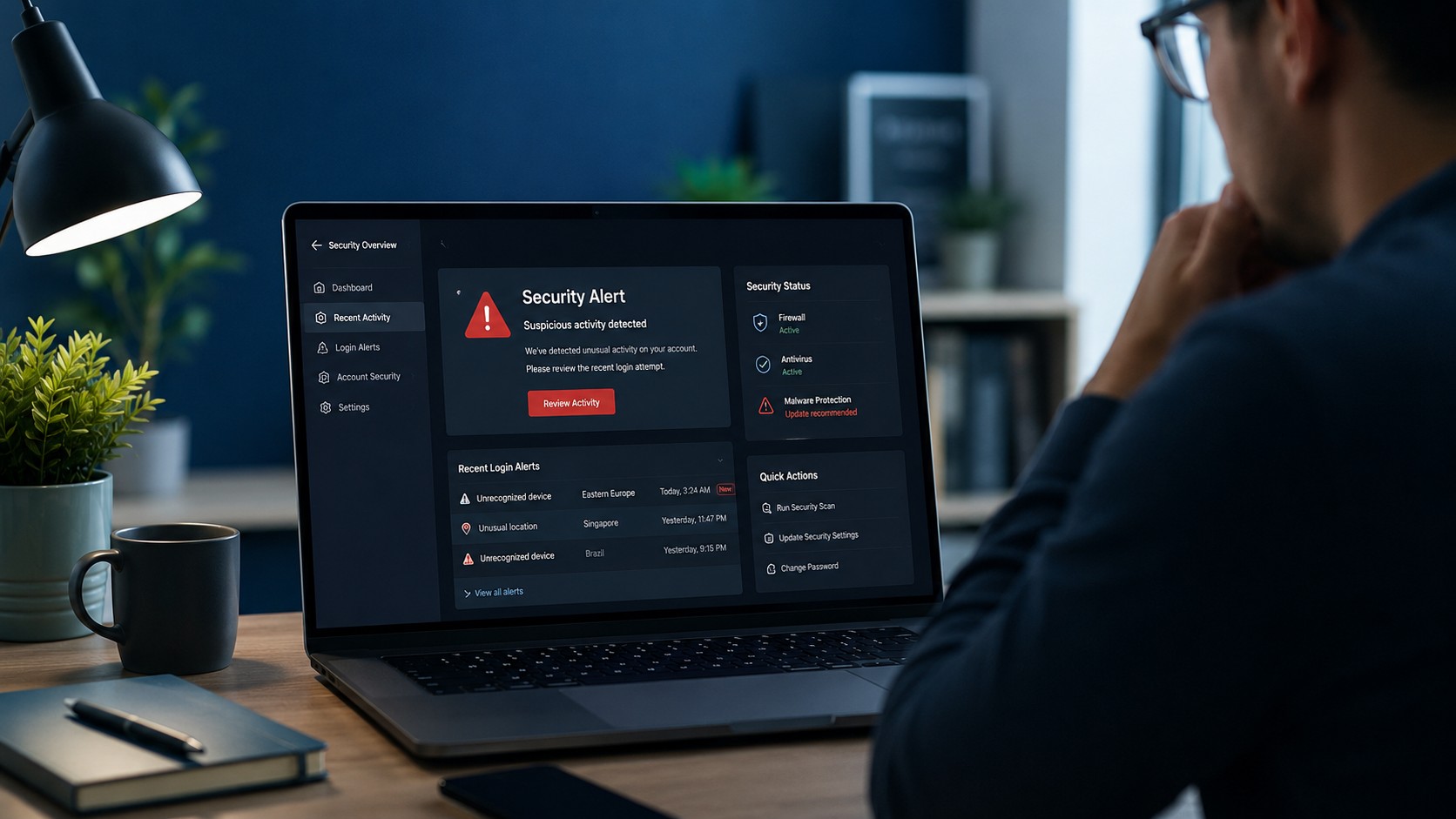 Computer displaying a cybersecurity warning while a user investigates possible unauthorized access