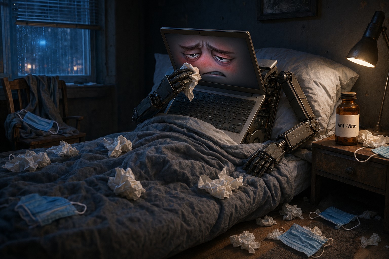 Sick laptop in bed representing a computer virus infection