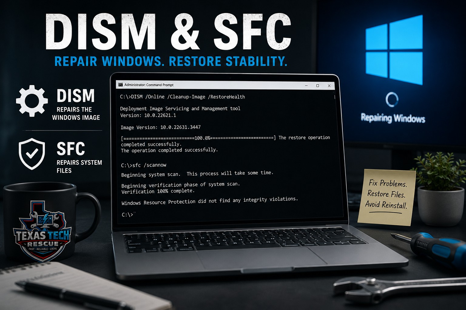 Windows Command Prompt displaying DISM and SFC repair commands