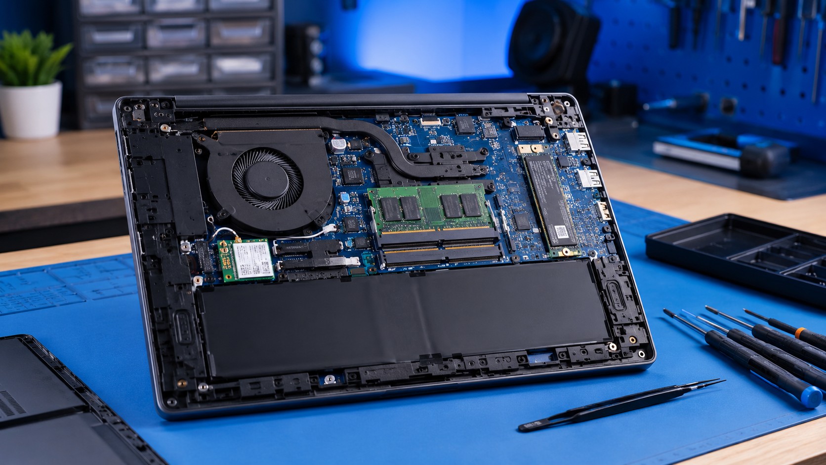 Open laptop on a repair bench showing upgradeable RAM, SSD, battery, and Wi-Fi components
