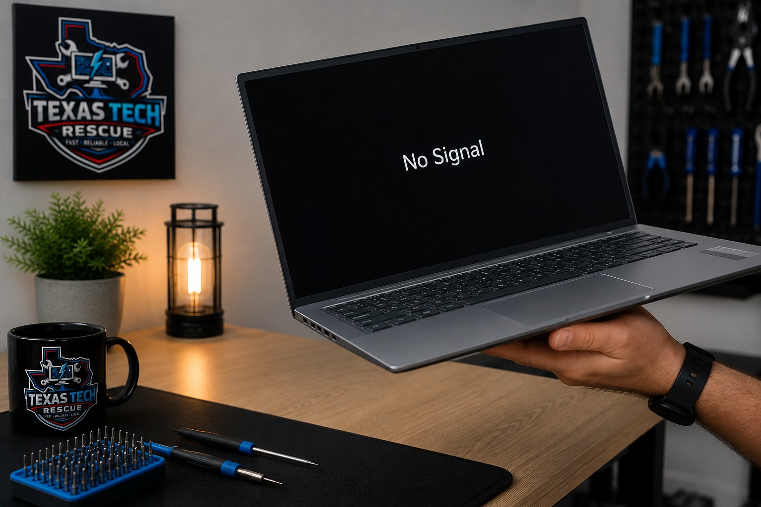 Laptop with an intermittent display issue being lifted during troubleshooting
