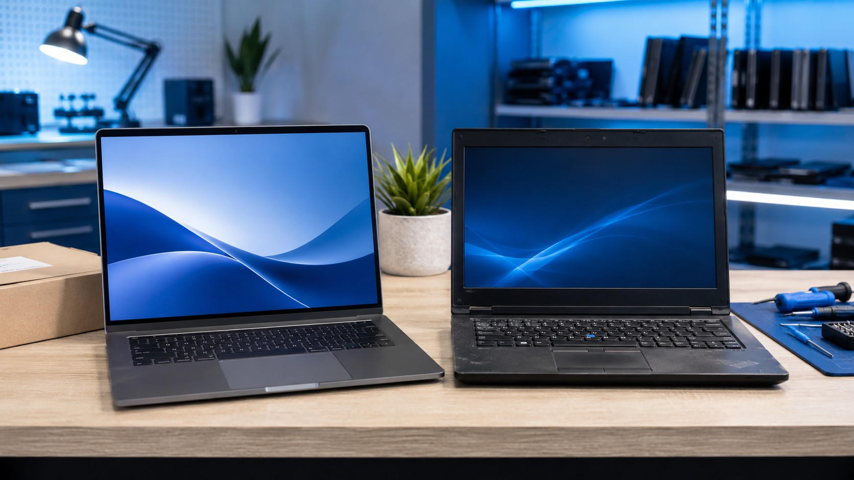 A new laptop beside a refurbished business laptop representing two computer buying options