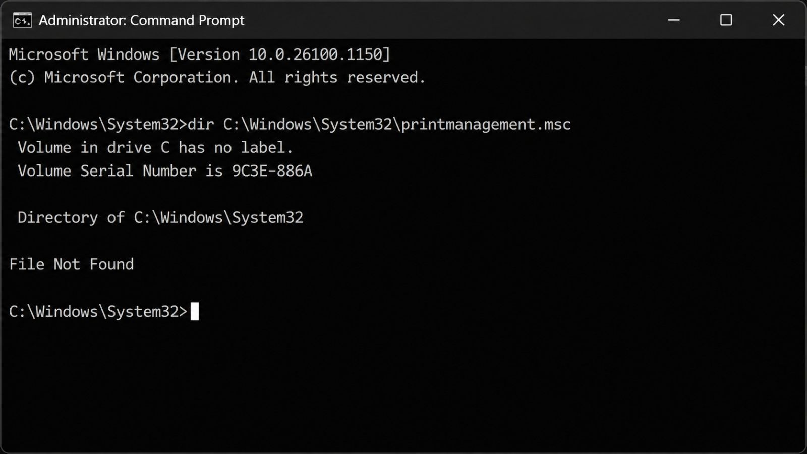 Command Prompt showing printmanagement.msc file not found
