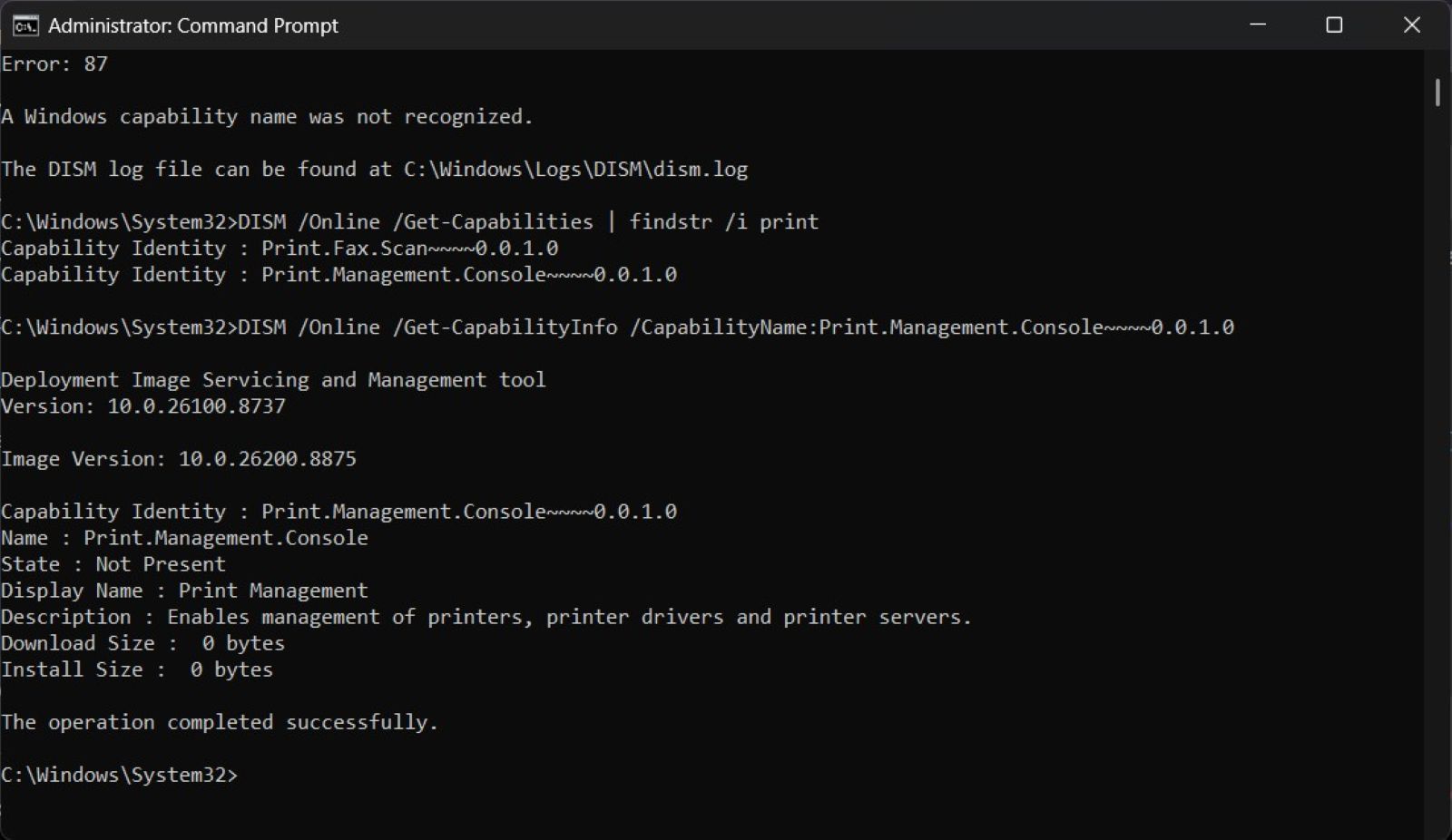 DISM showing Print Management capability state as Not Present