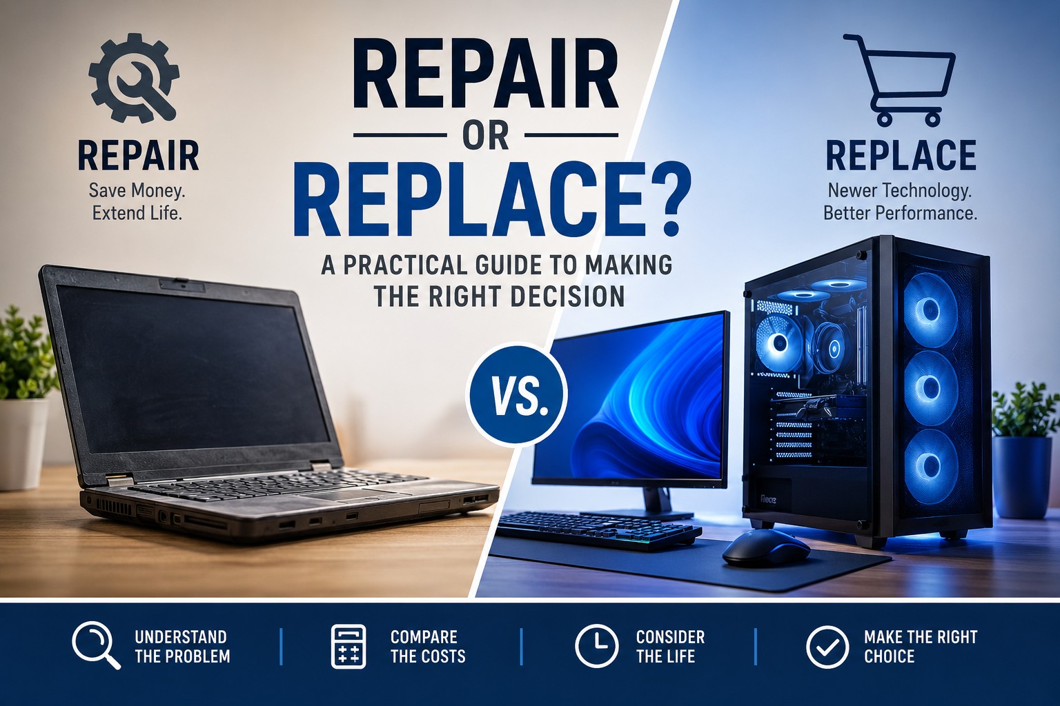 Older laptop and newer computer representing repair versus replacement