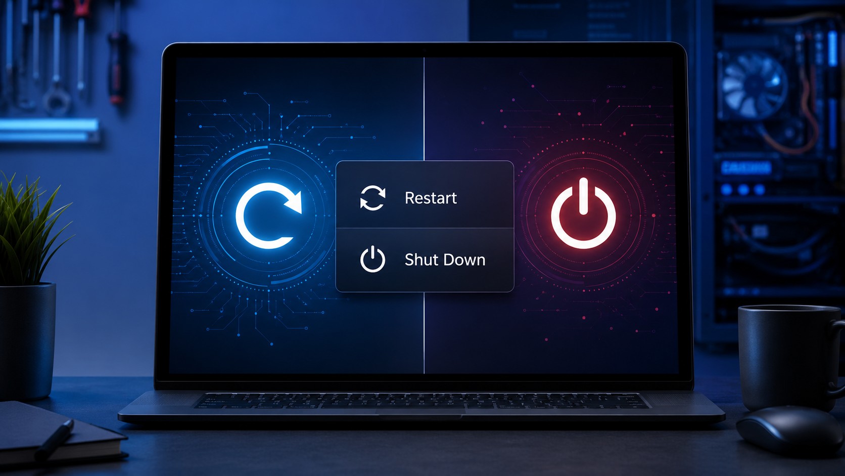 Windows power menu showing Restart and Shut Down options on a desktop computer