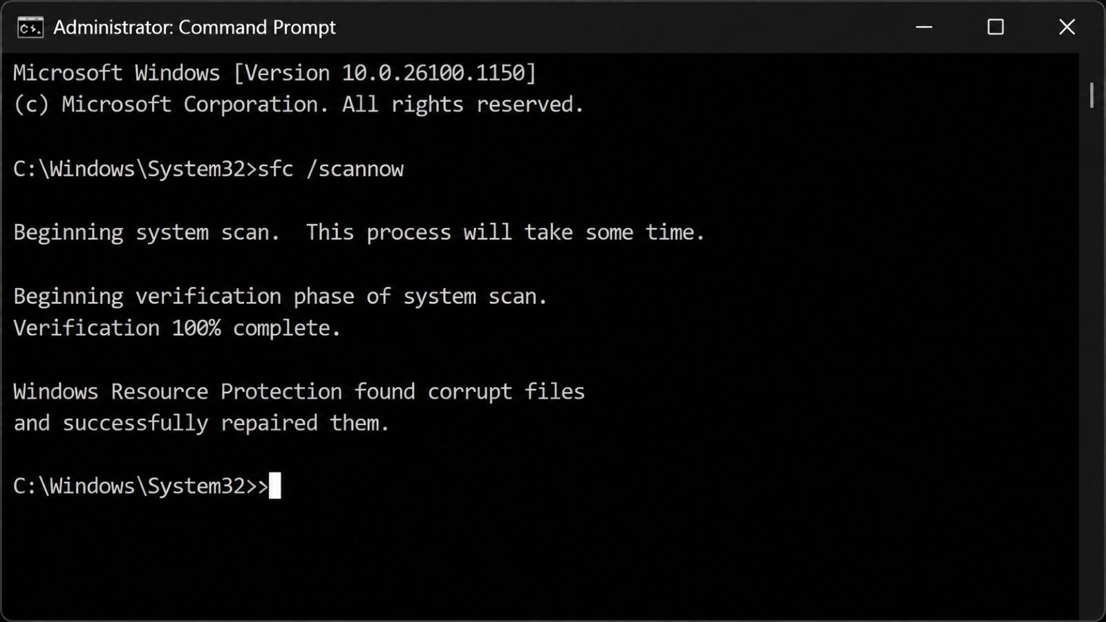 System File Checker repaired corrupt Windows files