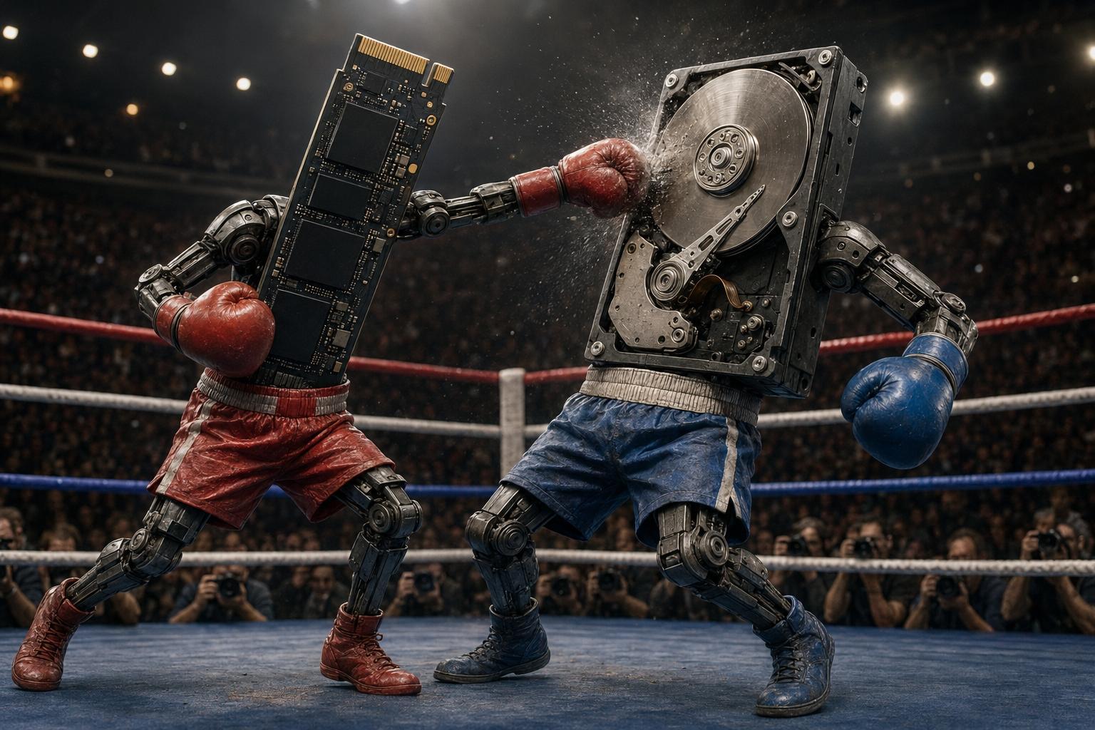 SSD and HDD boxing in a ring to represent a storage performance comparison