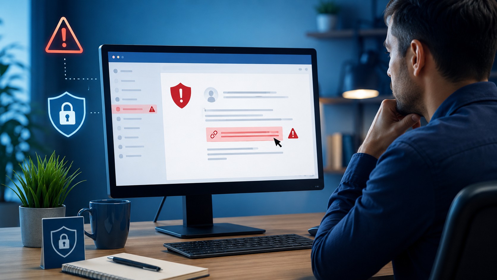 Computer user reviewing a suspicious link and security warning after a possible phishing attempt