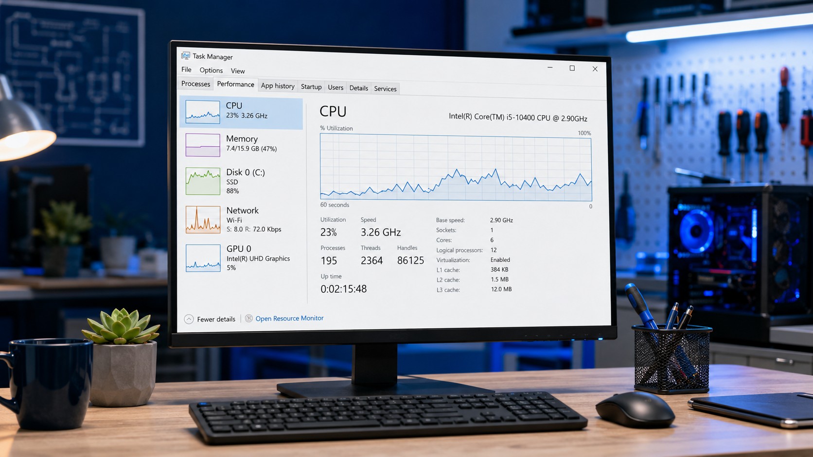 Windows Task Manager open on a desktop computer while troubleshooting performance problems