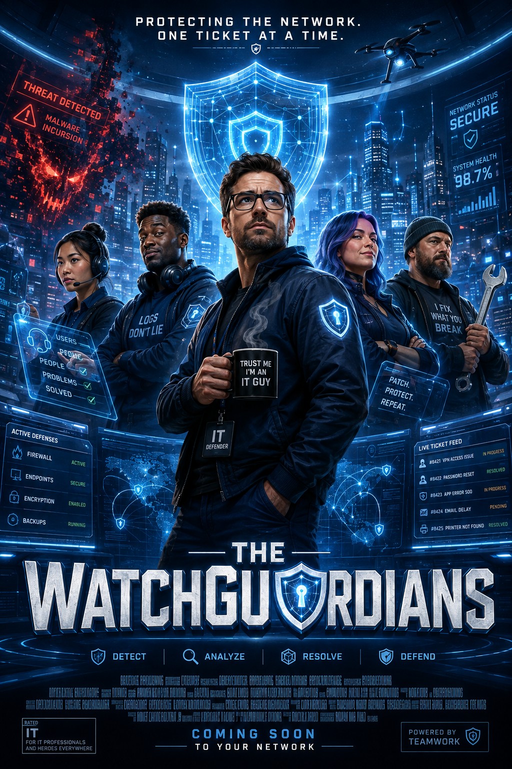 The WatchGuardians IT support team protecting a futuristic digital network