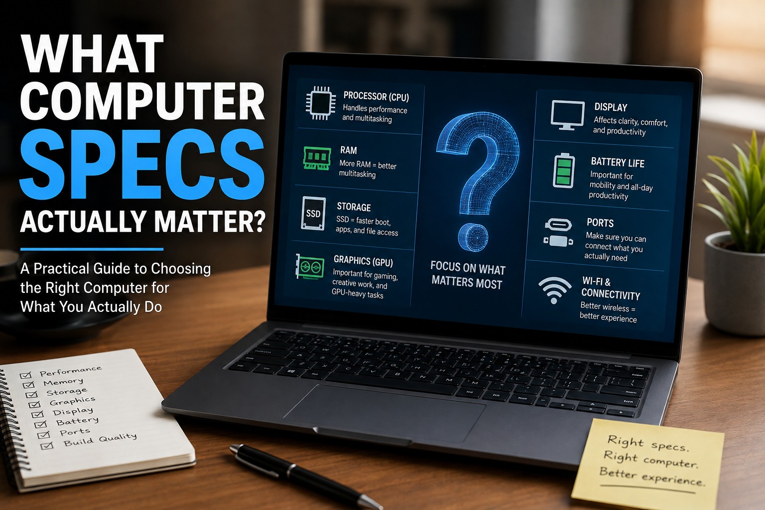 Modern laptop and desktop computer specifications being compared for a buying guide