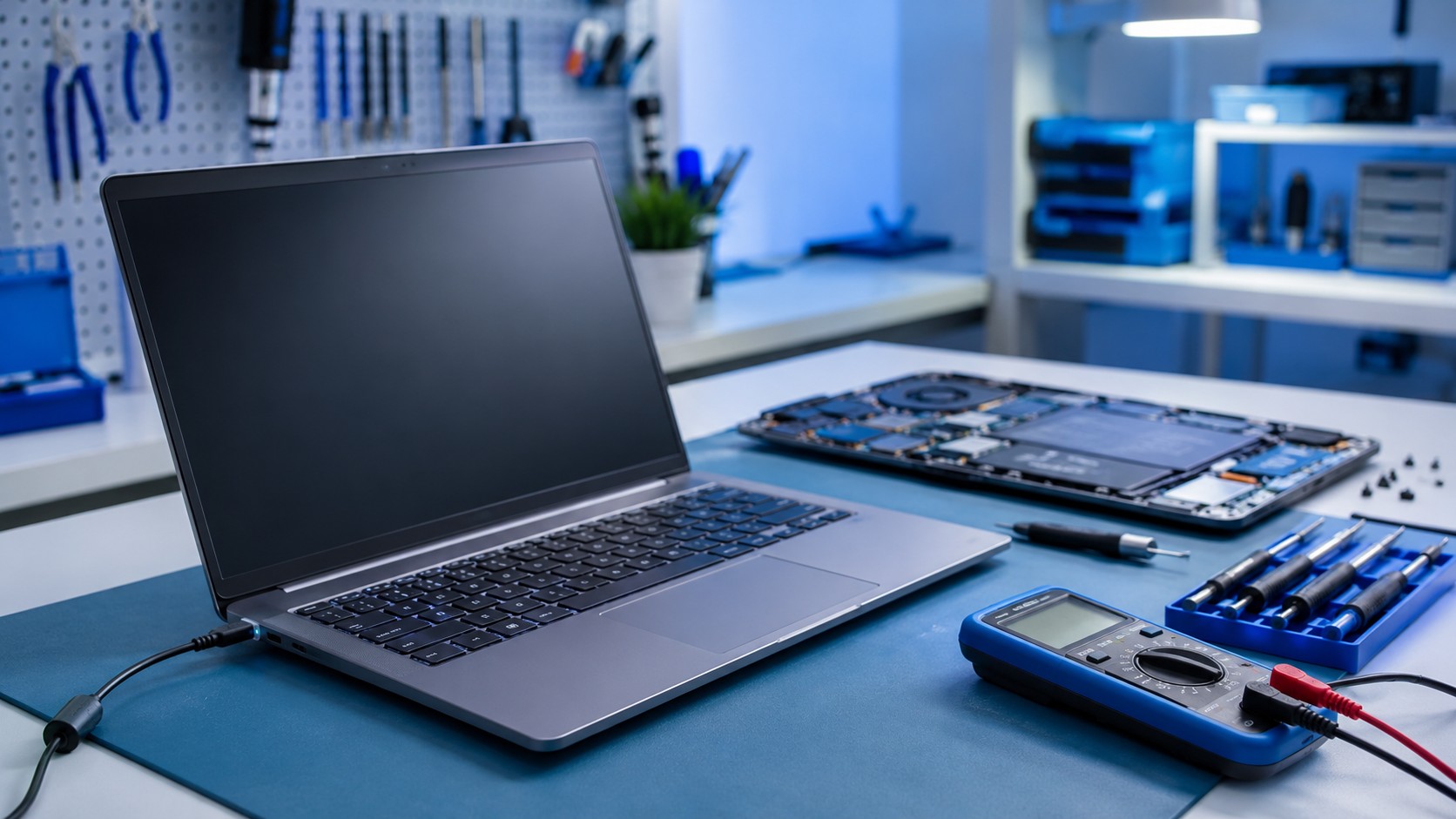 Laptop charging diagnosis on a repair bench with power adapter and diagnostic tools