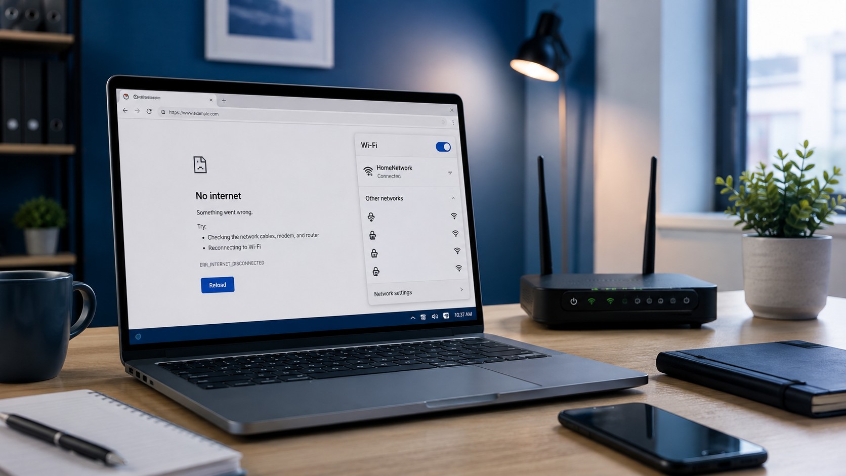 Laptop connected to Wi-Fi while showing no internet access during network troubleshooting