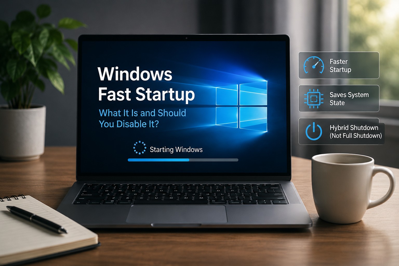 Windows laptop showing power and startup settings in a blue computer repair workspace